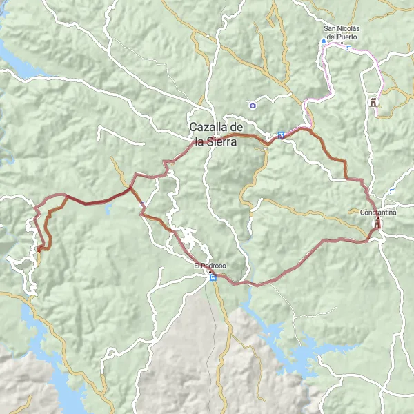 Miniaturní mapa "Trasa okolo Constantiny a zpět" inspirace pro cyklisty v oblasti Andalucía, Spain. Vytvořeno pomocí plánovače tras Tarmacs.app