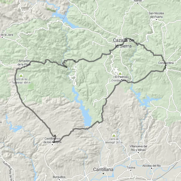 Map miniature of "Cycling Challenge to Castilblanco de los Arroyos" cycling inspiration in Andalucía, Spain. Generated by Tarmacs.app cycling route planner