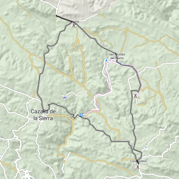 Miniaturní mapa "Okružní cyklistická trasa od Constantiny" inspirace pro cyklisty v oblasti Andalucía, Spain. Vytvořeno pomocí plánovače tras Tarmacs.app