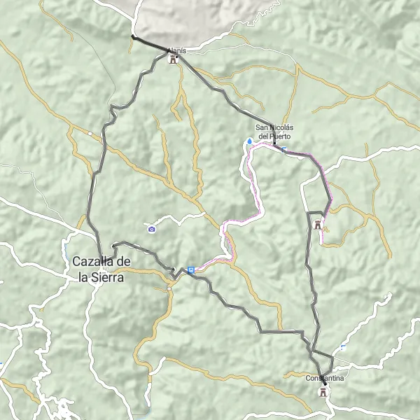 Map miniature of "Road Cycling Adventure from Constantina" cycling inspiration in Andalucía, Spain. Generated by Tarmacs.app cycling route planner