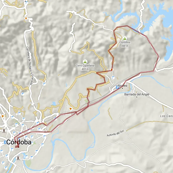 Miniaturní mapa "Gravelová okružní cyklistická trasa kolem Córdoby" inspirace pro cyklisty v oblasti Andalucía, Spain. Vytvořeno pomocí plánovače tras Tarmacs.app