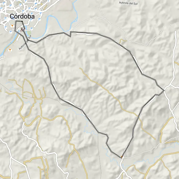 Map miniature of "Córdoba City and Countryside" cycling inspiration in Andalucía, Spain. Generated by Tarmacs.app cycling route planner