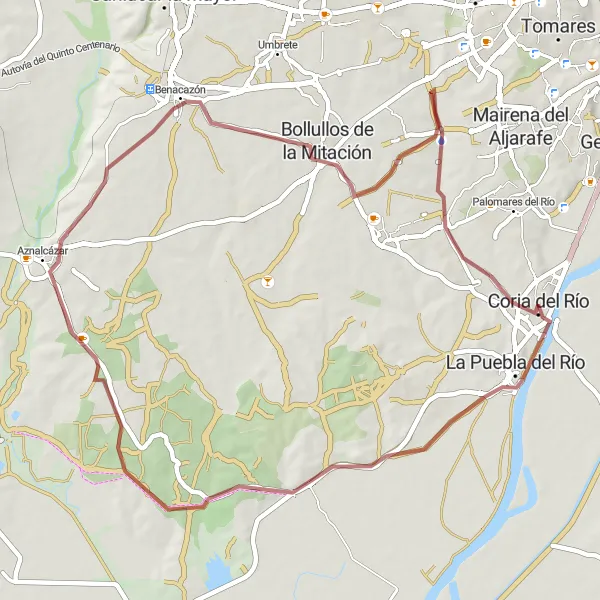 Miniatua del mapa de inspiración ciclista "Ruta de Aznalcázar" en Andalucía, Spain. Generado por Tarmacs.app planificador de rutas ciclistas