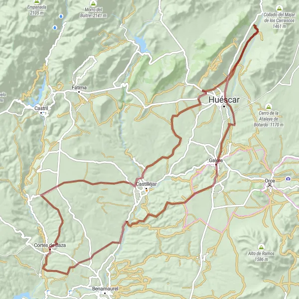 Map miniature of "Gravel Adventure in Cortes de Baza" cycling inspiration in Andalucía, Spain. Generated by Tarmacs.app cycling route planner