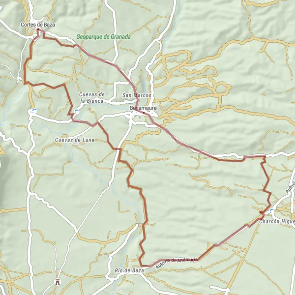 Map miniature of "Gravel Escape: Huerta Real" cycling inspiration in Andalucía, Spain. Generated by Tarmacs.app cycling route planner