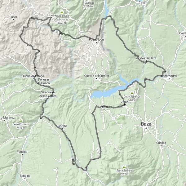 Map miniature of "Mountain Challenge: Baza to Gorafe" cycling inspiration in Andalucía, Spain. Generated by Tarmacs.app cycling route planner