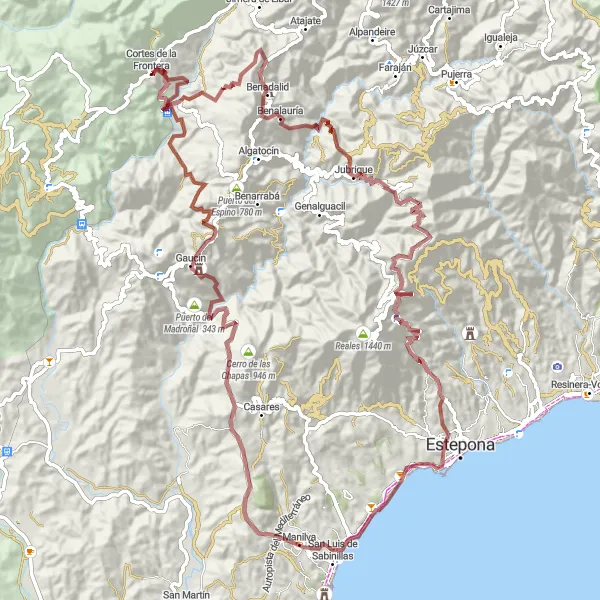 Miniatua del mapa de inspiración ciclista "Ruta de Grava de Cortes de la Frontera a Gaucín y Manilva" en Andalucía, Spain. Generado por Tarmacs.app planificador de rutas ciclistas