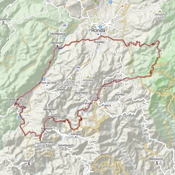 Miniatua del mapa de inspiración ciclista "Ruta de Grava a Júzcar, Benalauría y Puerta de Almocábar" en Andalucía, Spain. Generado por Tarmacs.app planificador de rutas ciclistas