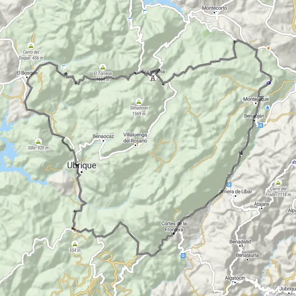 Miniaturní mapa "Road Cycling Excursion from Cortes de la Frontera" inspirace pro cyklisty v oblasti Andalucía, Spain. Vytvořeno pomocí plánovače tras Tarmacs.app
