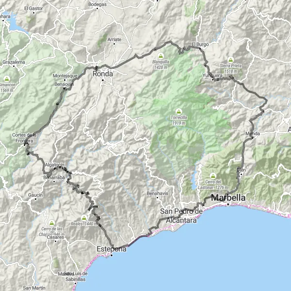 Miniatua del mapa de inspiración ciclista "Ruta de los Pueblos Blancos y Montañas de Andalucía" en Andalucía, Spain. Generado por Tarmacs.app planificador de rutas ciclistas