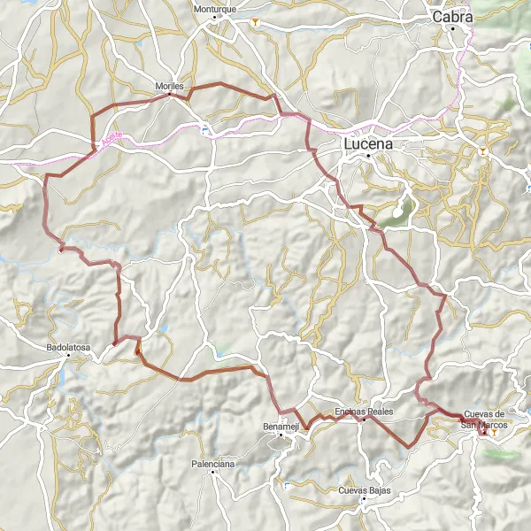 Miniature de la carte de l'inspiration cycliste "Aventures Gravel en Andalousie" dans la Andalucía, Spain. Générée par le planificateur d'itinéraire cycliste Tarmacs.app