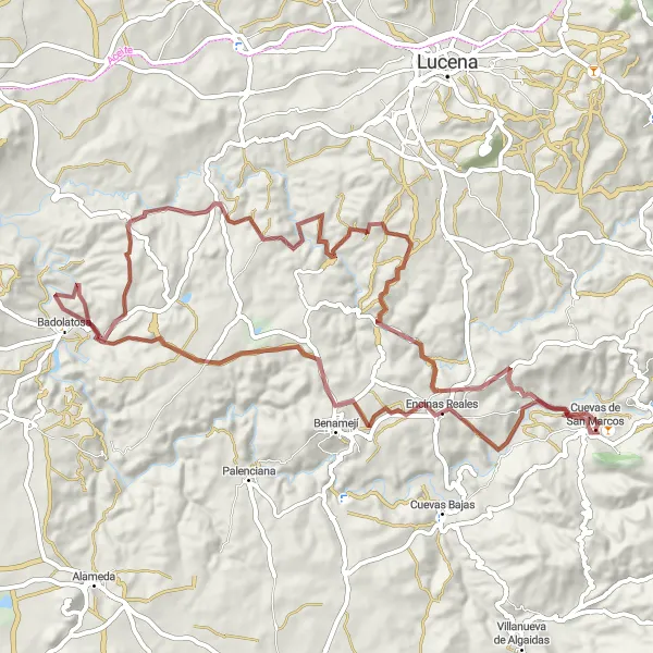 Miniature de la carte de l'inspiration cycliste "Aventure en gravel autour d'Encinas Reales" dans la Andalucía, Spain. Générée par le planificateur d'itinéraire cycliste Tarmacs.app