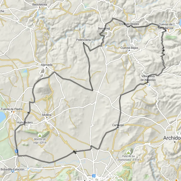 Miniatuurkaart van de fietsinspiratie "Wegroute naar Villanueva de Algaidas en Cartaojal" in Andalucía, Spain. Gemaakt door de Tarmacs.app fietsrouteplanner