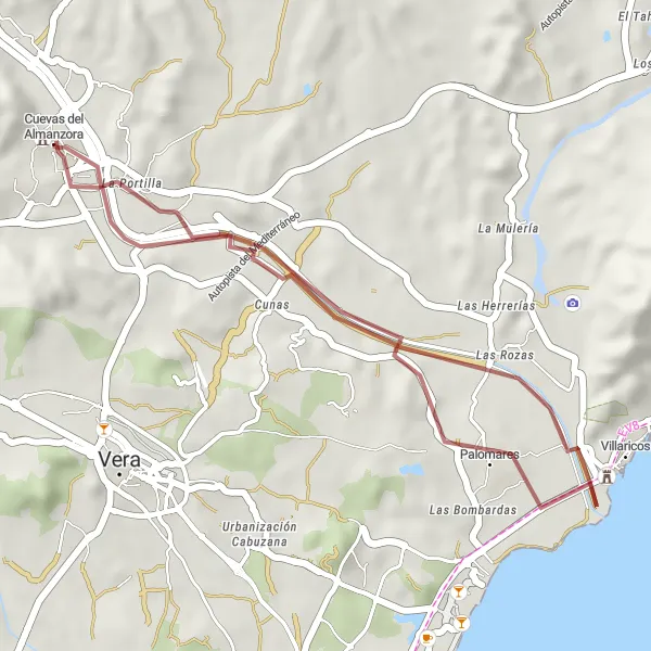 Miniatura della mappa di ispirazione al ciclismo "Avventuroso giro in bicicletta gravel nei pressi di Cuevas del Almanzora" nella regione di Andalucía, Spain. Generata da Tarmacs.app, pianificatore di rotte ciclistiche