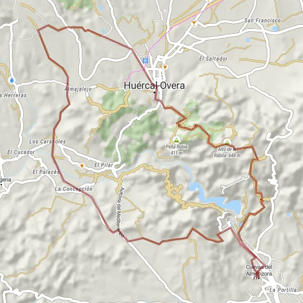 Miniatuurkaart van de fietsinspiratie "Gravelroute van El Palacés naar Castillo del Marqués de los Vélez" in Andalucía, Spain. Gemaakt door de Tarmacs.app fietsrouteplanner