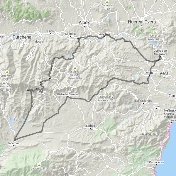 Map miniature of "Road Route 1" cycling inspiration in Andalucía, Spain. Generated by Tarmacs.app cycling route planner