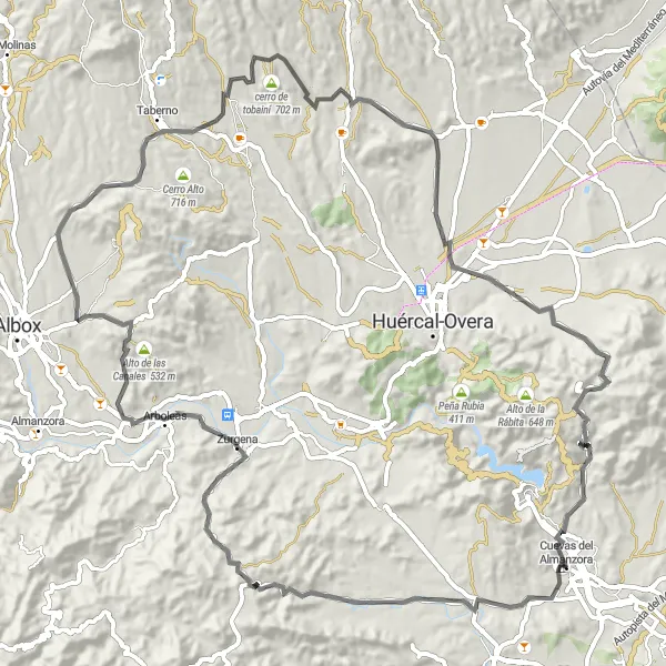 Miniatuurkaart van de fietsinspiratie "Roadroute van Castillo del Marqués de los Vélez naar Pico del Paso" in Andalucía, Spain. Gemaakt door de Tarmacs.app fietsrouteplanner