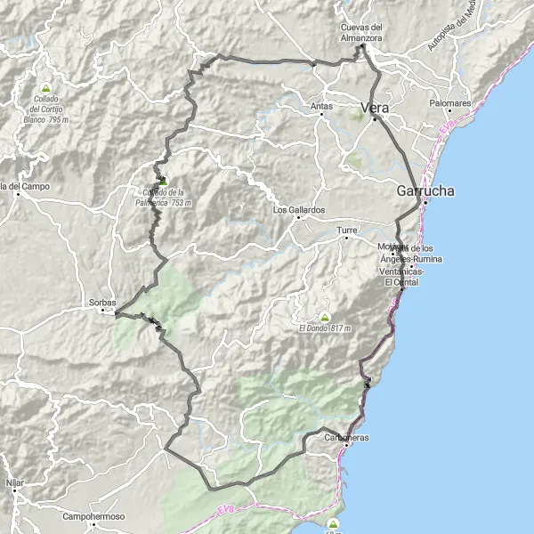 Miniatura della mappa di ispirazione al ciclismo "Tour in bicicletta su strada intorno a Cuevas del Almanzora" nella regione di Andalucía, Spain. Generata da Tarmacs.app, pianificatore di rotte ciclistiche