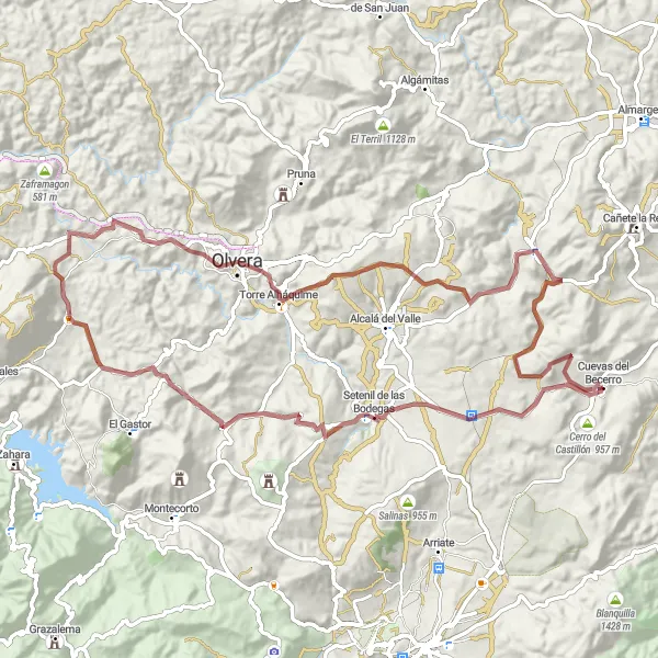 Miniature de la carte de l'inspiration cycliste "Cuevas del Becerro - Route de l'Émerveillement Gravel" dans la Andalucía, Spain. Générée par le planificateur d'itinéraire cycliste Tarmacs.app