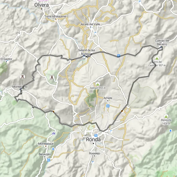 Miniature de la carte de l'inspiration cycliste "Parcours pittoresque de Cuevas del Becerro" dans la Andalucía, Spain. Générée par le planificateur d'itinéraire cycliste Tarmacs.app
