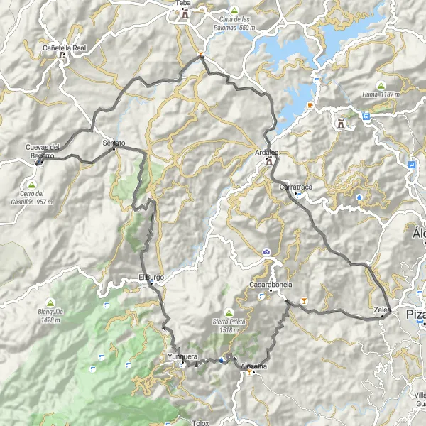 Miniature de la carte de l'inspiration cycliste "Aventure en road biking autour de Cuevas del Becerro" dans la Andalucía, Spain. Générée par le planificateur d'itinéraire cycliste Tarmacs.app