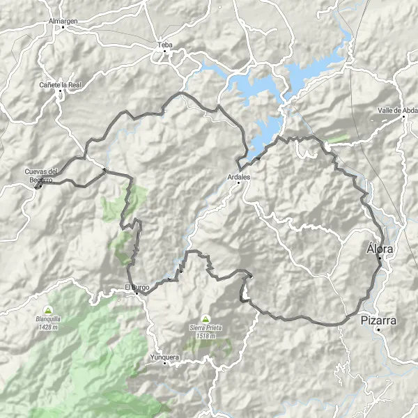Miniatura della mappa di ispirazione al ciclismo "Cuevas del Becerro Circuit" nella regione di Andalucía, Spain. Generata da Tarmacs.app, pianificatore di rotte ciclistiche