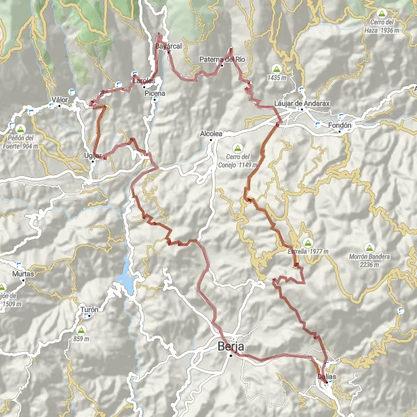 Miniaturekort af cykelinspirationen "Berja til Cerro del Zapatero Gruscykling Rute" i Andalucía, Spain. Genereret af Tarmacs.app cykelruteplanlægger