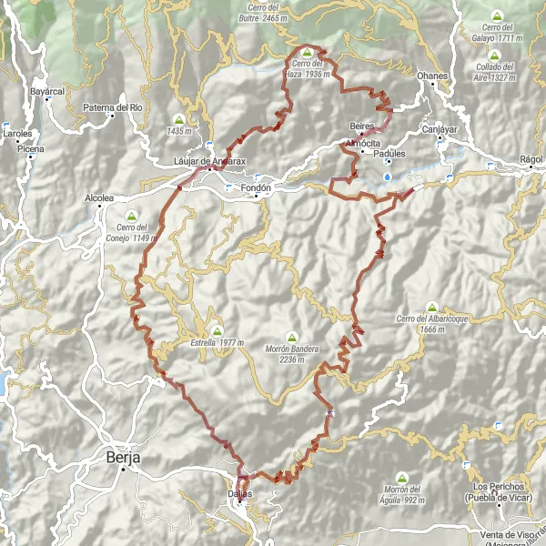 Miniatura della mappa di ispirazione al ciclismo "Giro in Gravel attraverso Láujar de Andarax e Beires" nella regione di Andalucía, Spain. Generata da Tarmacs.app, pianificatore di rotte ciclistiche