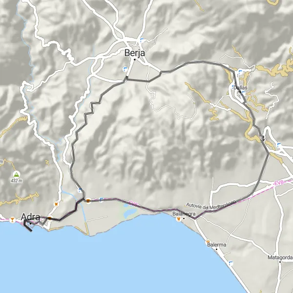 Miniatura della mappa di ispirazione al ciclismo "Giro su strada tra Adra e Villavieja" nella regione di Andalucía, Spain. Generata da Tarmacs.app, pianificatore di rotte ciclistiche