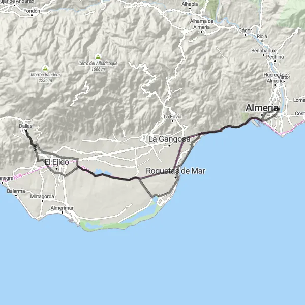 Miniatura della mappa di ispirazione al ciclismo "Giro in bicicletta da Dalías attraverso El Solanillo e Cortijos de Marín" nella regione di Andalucía, Spain. Generata da Tarmacs.app, pianificatore di rotte ciclistiche