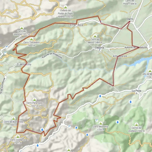 Miniature de la carte de l'inspiration cycliste "Les chemins gravel à travers les montagnes" dans la Andalucía, Spain. Générée par le planificateur d'itinéraire cycliste Tarmacs.app