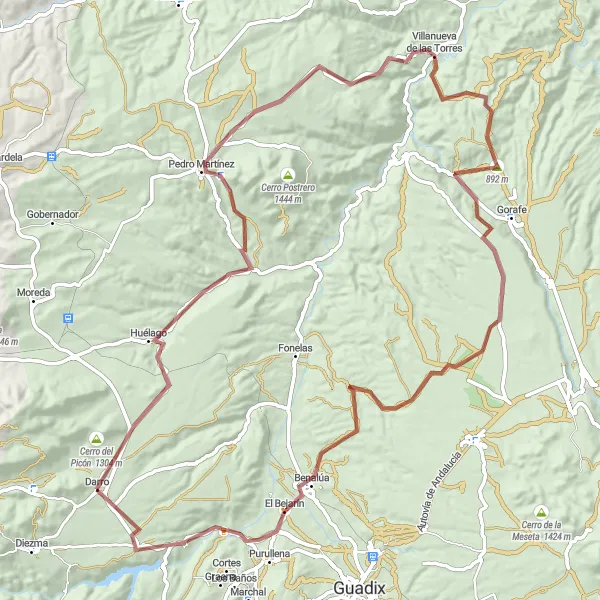 Miniature de la carte de l'inspiration cycliste "Parcours de vélo de Huélago à Benalúa" dans la Andalucía, Spain. Générée par le planificateur d'itinéraire cycliste Tarmacs.app