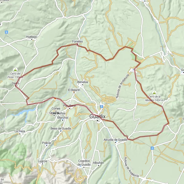 Miniatura della mappa di ispirazione al ciclismo "Esplorazione in Gravel tra Darro e Purullena" nella regione di Andalucía, Spain. Generata da Tarmacs.app, pianificatore di rotte ciclistiche