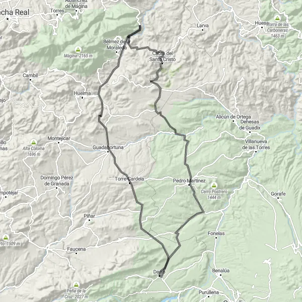 Miniatuurkaart van de fietsinspiratie "Rondrit vanuit Darro naar verschillende hoogtepunten" in Andalucía, Spain. Gemaakt door de Tarmacs.app fietsrouteplanner