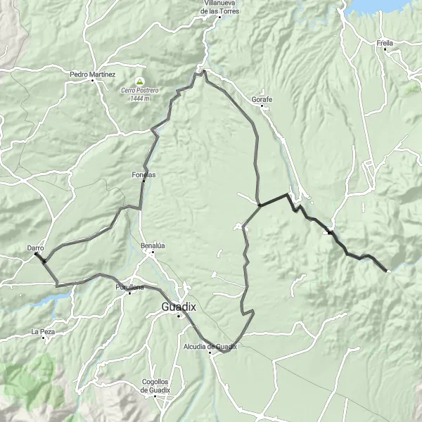 Miniatura della mappa di ispirazione al ciclismo "Sfida su Strada tra Fonelas e Guadix" nella regione di Andalucía, Spain. Generata da Tarmacs.app, pianificatore di rotte ciclistiche