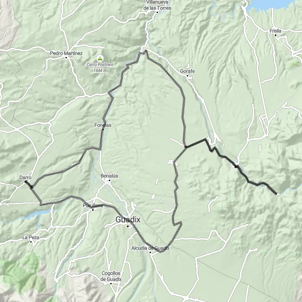 Map miniature of "Varied Andalusia: Fonelas Round-trip" cycling inspiration in Andalucía, Spain. Generated by Tarmacs.app cycling route planner