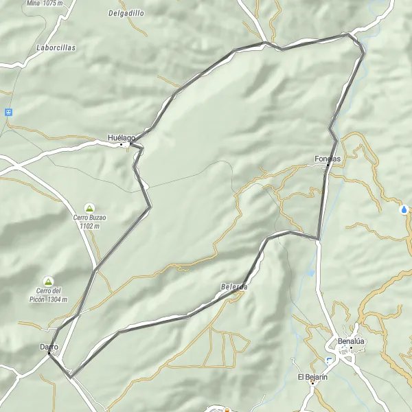 Miniatura della mappa di ispirazione al ciclismo "Road Loop di Huélago" nella regione di Andalucía, Spain. Generata da Tarmacs.app, pianificatore di rotte ciclistiche