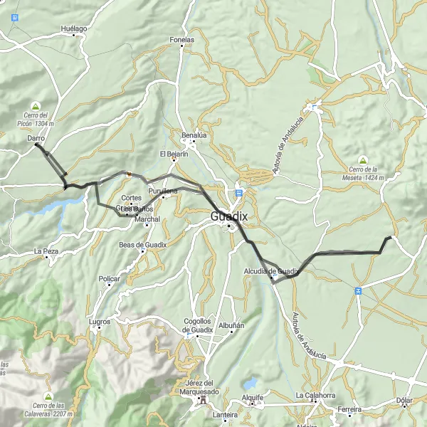 Miniatura della mappa di ispirazione al ciclismo "Avventura su strada tra Darro e Guadix" nella regione di Andalucía, Spain. Generata da Tarmacs.app, pianificatore di rotte ciclistiche