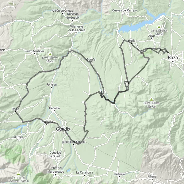 Miniatua del mapa de inspiración ciclista "Ruta en bicicleta de carretera a Guadix y Mirador Magdalena" en Andalucía, Spain. Generado por Tarmacs.app planificador de rutas ciclistas
