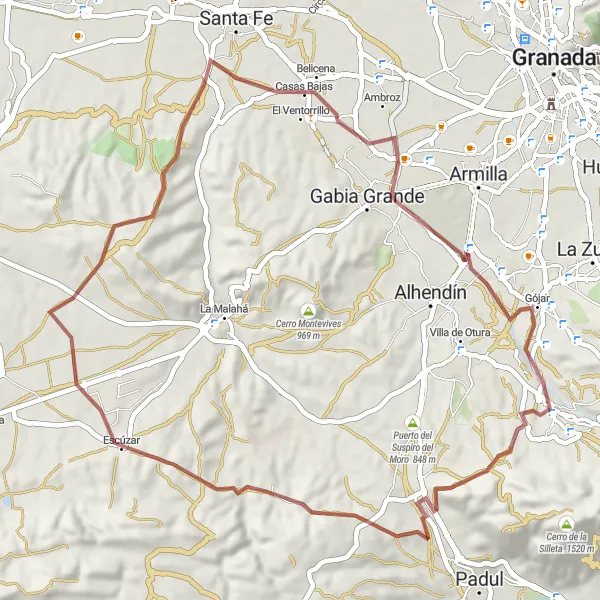 Map miniature of "Gravel Delights" cycling inspiration in Andalucía, Spain. Generated by Tarmacs.app cycling route planner