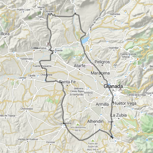 Miniatura della mappa di ispirazione al ciclismo "Tour su strada tra le colline andaluse" nella regione di Andalucía, Spain. Generata da Tarmacs.app, pianificatore di rotte ciclistiche
