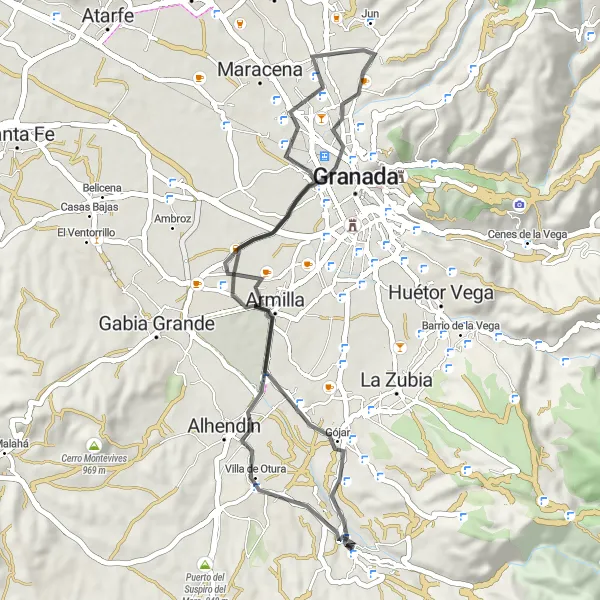 Miniatura della mappa di ispirazione al ciclismo "Scoperta dei borghi circostanti" nella regione di Andalucía, Spain. Generata da Tarmacs.app, pianificatore di rotte ciclistiche