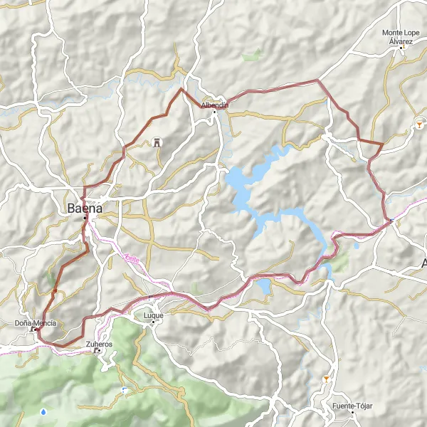 Miniatura mapy "Wyzwania trasy rowerowej pod względem szutru z Doña Mencía" - trasy rowerowej w Andalucía, Spain. Wygenerowane przez planer tras rowerowych Tarmacs.app