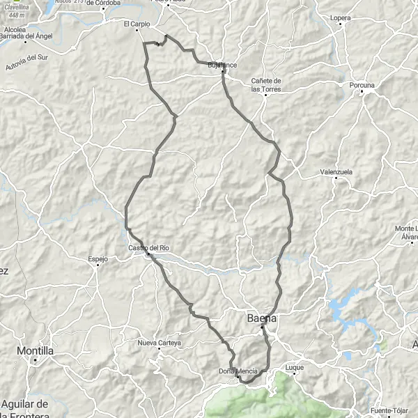 Miniatua del mapa de inspiración ciclista "Desafío en bici por los castillos de la región" en Andalucía, Spain. Generado por Tarmacs.app planificador de rutas ciclistas