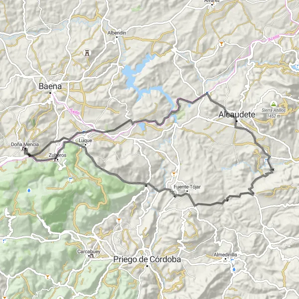Miniatua del mapa de inspiración ciclista "Ruta de ciclismo en carretera por Doña Mencía" en Andalucía, Spain. Generado por Tarmacs.app planificador de rutas ciclistas