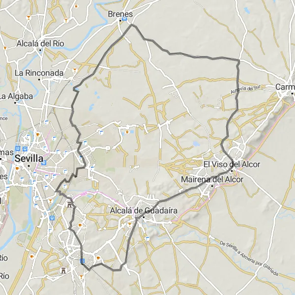 Miniature de la carte de l'inspiration cycliste "Excursion de 95 km à travers les villages andalous" dans la Andalucía, Spain. Générée par le planificateur d'itinéraire cycliste Tarmacs.app