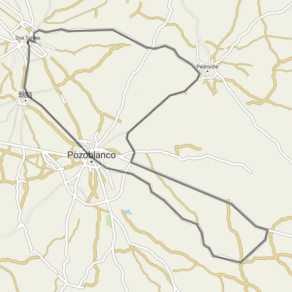 Miniature de la carte de l'inspiration cycliste "La boucle de Pedroche" dans la Andalucía, Spain. Générée par le planificateur d'itinéraire cycliste Tarmacs.app