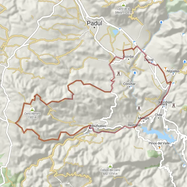 Miniature de la carte de l'inspiration cycliste "Boucle pittoresque à travers les montagnes" dans la Andalucía, Spain. Générée par le planificateur d'itinéraire cycliste Tarmacs.app