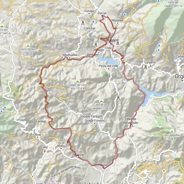 Miniatura della mappa di ispirazione al ciclismo "Rotta Gravel tra Dúrcal e Molvízar" nella regione di Andalucía, Spain. Generata da Tarmacs.app, pianificatore di rotte ciclistiche