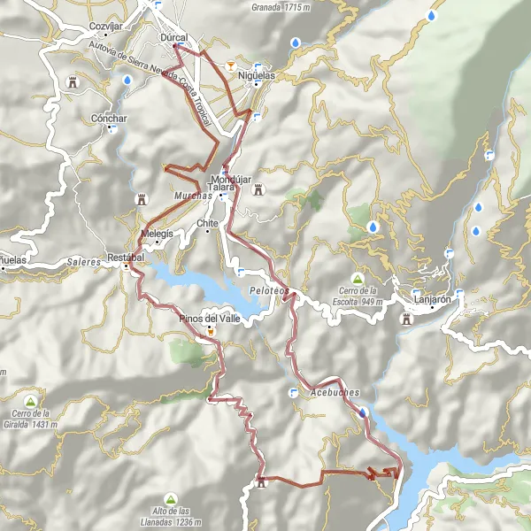 Miniatura della mappa di ispirazione al ciclismo "Avventura gravel intorno a Dúrcal" nella regione di Andalucía, Spain. Generata da Tarmacs.app, pianificatore di rotte ciclistiche